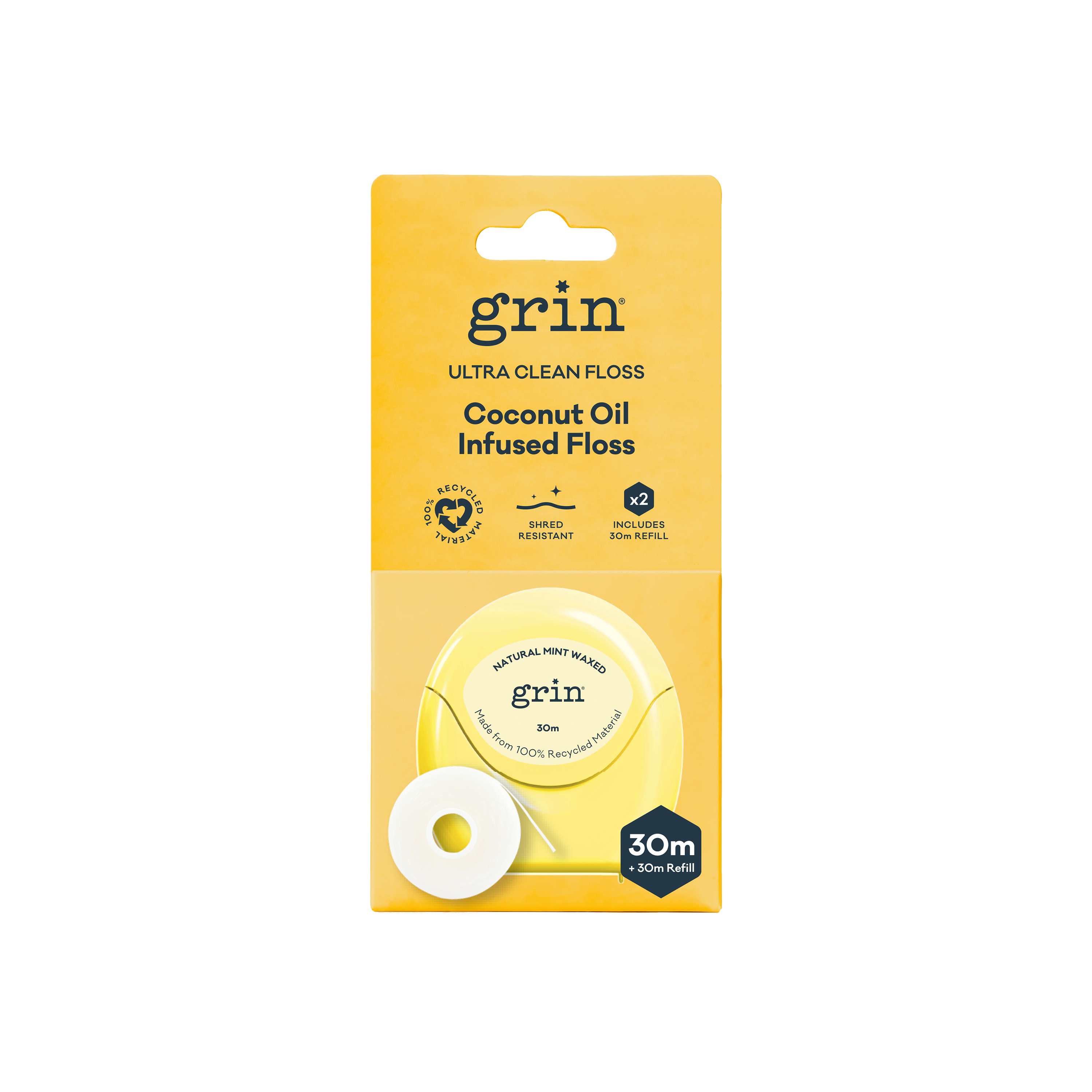 Grin Ultra Clean Floss &amp; Refill 코코넛 오일 주입 2 x 30m