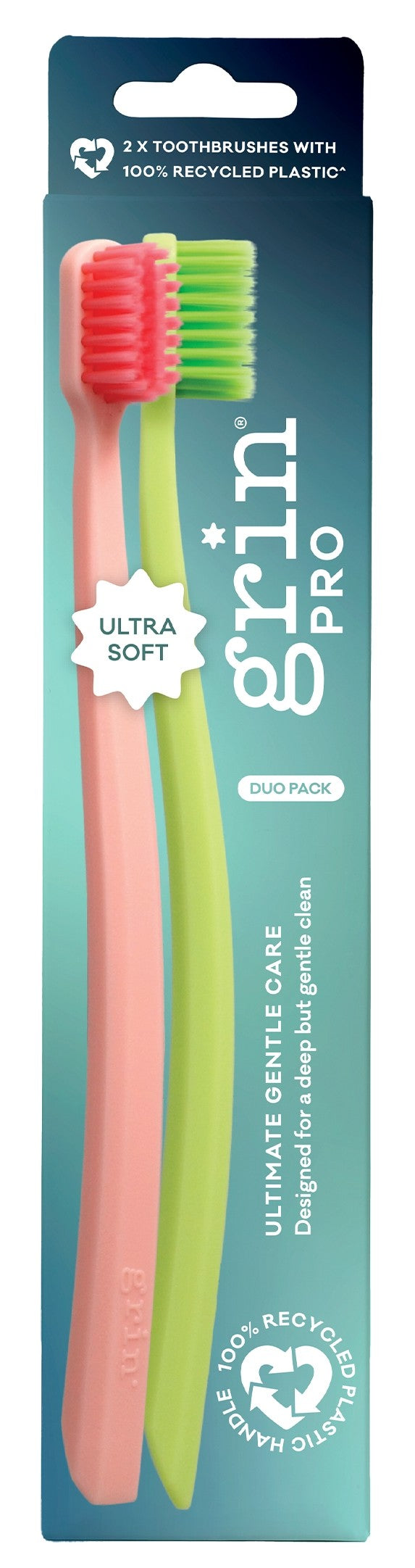 Grin Pro Ultimate Gentle Care Toothbrush 2pk Green & Pink (Ultra Soft)